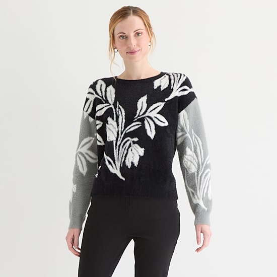 Liz Claiborne Womens Crew Neck Embellished Long Sleeve Floral Pullover Sweater
