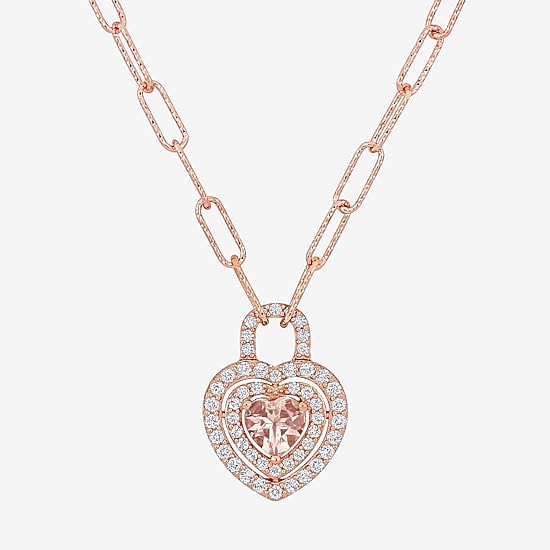 Womens Genuine Pink Morganite 18K Rose Gold Over Silver Heart Paperclip 17 Inch Pendant Necklace