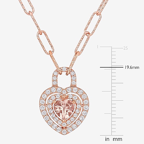 Womens Genuine Pink Morganite 18K Rose Gold Over Silver Heart Paperclip 17 Inch Pendant Necklace