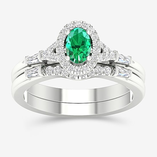 Modern Bride Gemstone and 1/3 CT. T.W. Diamond Oval Halo Bridal Set in 10K Gold