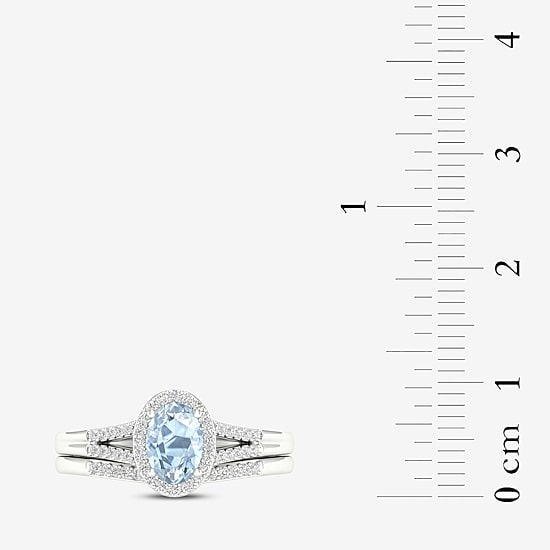 Modern Bride Gemstone Womens 1/5 CT. Genuine Blue Aquamarine 10K Gold Oval Halo Bridal Set
