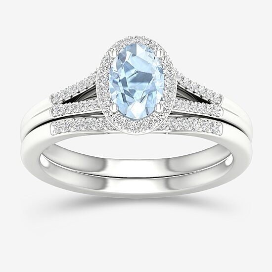 Modern Bride Gemstone Womens 1/5 CT. Genuine Blue Aquamarine 10K Gold Oval Halo Bridal Set