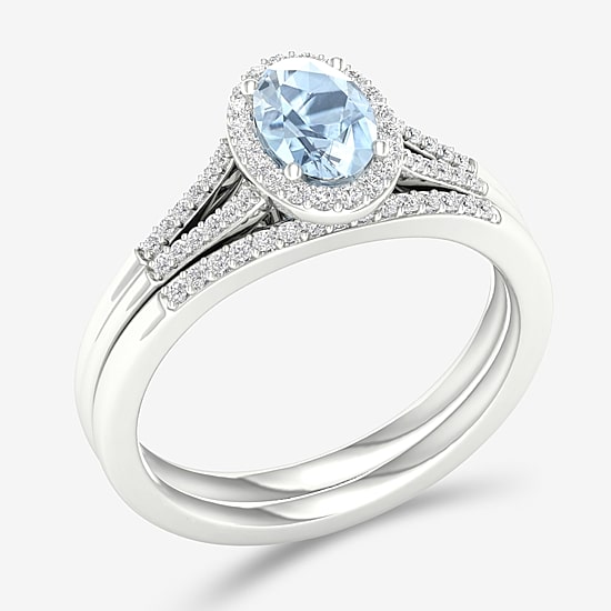 Modern Bride Gemstone Womens 1/5 CT. Genuine Blue Aquamarine 10K Gold Oval Halo Bridal Set