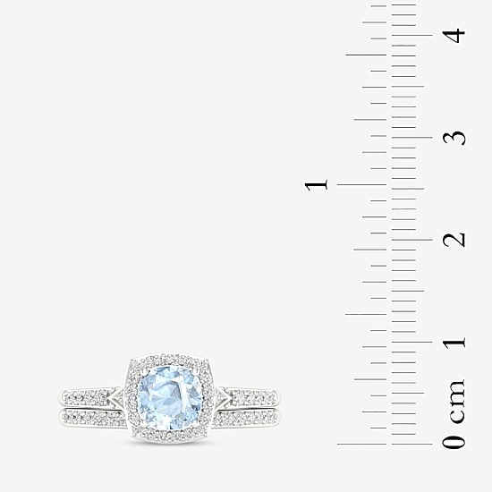 Modern Bride Gemstone Womens 1/3 CT. T.W. Genuine Blue Aquamarine 10K Gold Cushion Halo Bridal Set