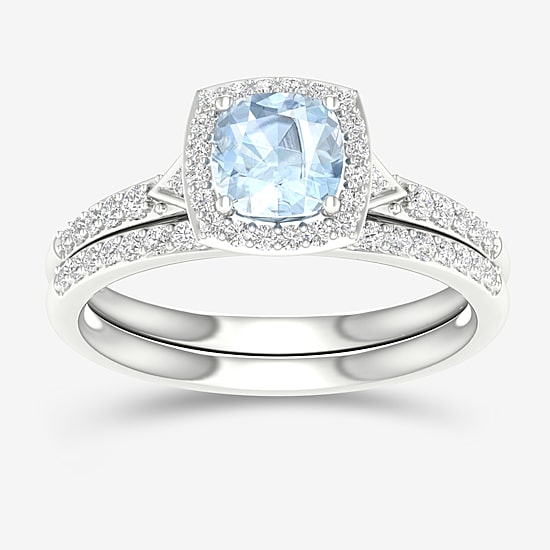 Modern Bride Gemstone Womens 1/3 CT. T.W. Genuine Blue Aquamarine 10K Gold Cushion Halo Bridal Set