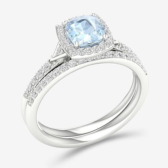 Modern Bride Gemstone Womens 1/3 CT. T.W. Genuine Blue Aquamarine 10K Gold Cushion Halo Bridal Set