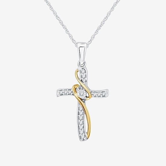 Womens 1/10 CT. T.W. Lab Grown White Diamond 10K Two Tone Gold Cross 18 Inch Pendant Necklace