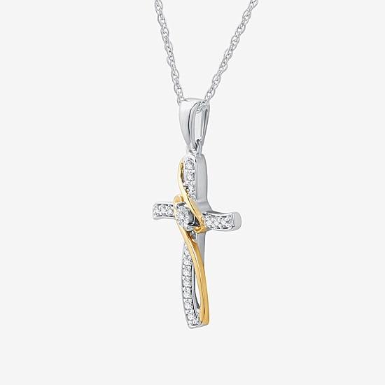 Womens 1/10 CT. T.W. Lab Grown White Diamond 10K Two Tone Gold Cross 18 Inch Pendant Necklace