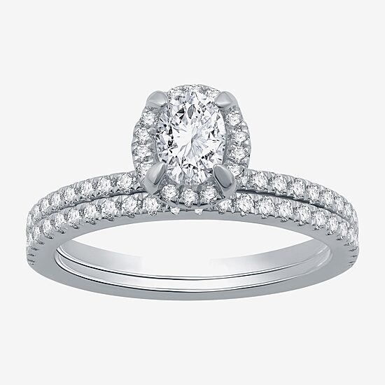 I Said Yes (G / Si1-Si2) Womens 1 CT. T.W. Lab Grown White Diamond Sterling Silver Oval Side Stone Halo Bridal Set