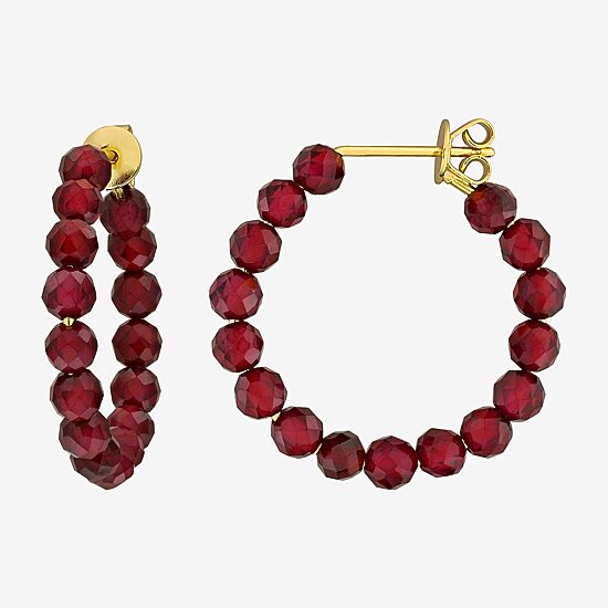 Womens Genuine Red Garnet 18K Gold Over Silver 26mm Hoop Earrings