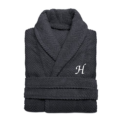 Linum Home Textiles Personalized Herringbone Weave Bathrobe Unisex Adult Long Length Long Sleeve Robe, Small-medium, Gray
