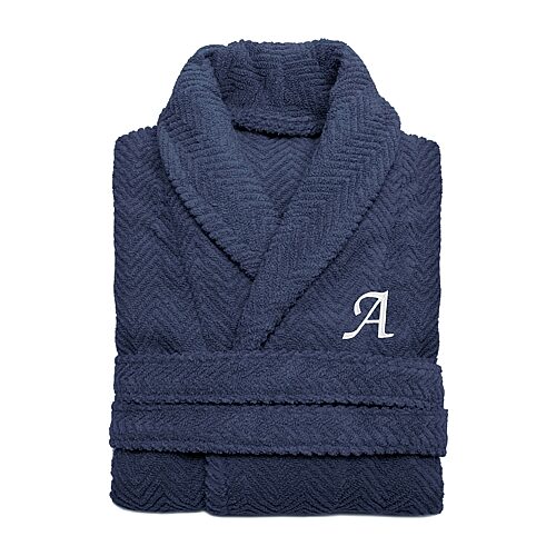 Linum Home Textiles Personalized Herringbone Weave Bathrobe Unisex Adult Long Length Long Sleeve Robe, Large-x-large, Blue