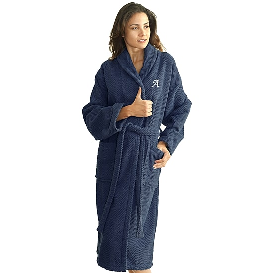 Linum Home Textiles Personalized Herringbone Weave Bathrobe Unisex Adult Long Length Long Sleeve Robe