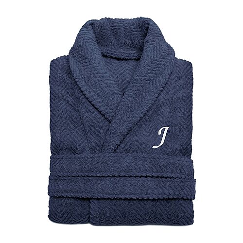 Linum Home Textiles Personalized Herringbone Weave Bathrobe Unisex Adult Long Length Long Sleeve Robe, Small-medium, Blue