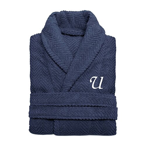 Linum Home Textiles Personalized Herringbone Weave Bathrobe Unisex Adult Long Length Long Sleeve Robe, Small-medium, Blue