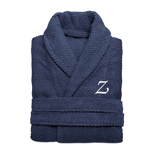 Linum Home Textiles Personalized Herringbone Weave Bathrobe Unisex Adult Long Length Long Sleeve Robe, Large-x-large, Blue