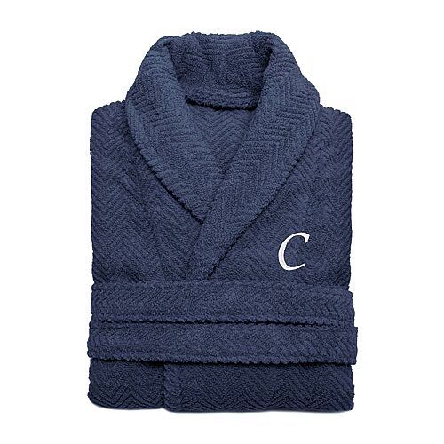 Linum Home Textiles Personalized Herringbone Weave Bathrobe Unisex Adult Long Length Long Sleeve Robe, Small-medium, Blue