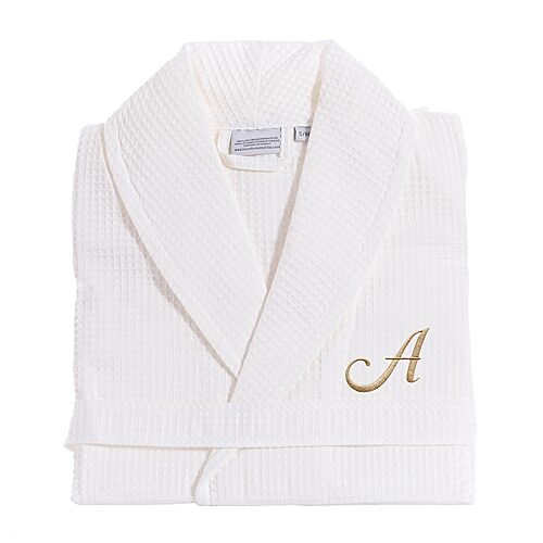 Linum Home Textiles Personalized Waffle Weave Bathrobe Unisex Adult Long Length Long Sleeve Robe, Small-medium, White