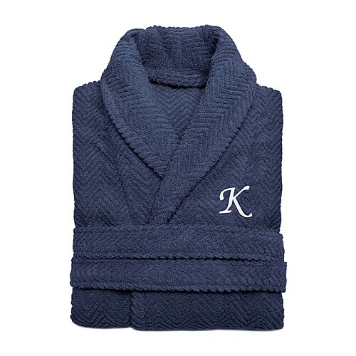 Linum Home Textiles Personalized Herringbone Weave Bathrobe Unisex Adult Long Length Long Sleeve Robe, Small-medium, Blue