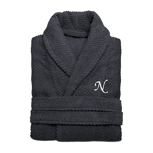 Linum Home Textiles Personalized Herringbone Weave Bathrobe Unisex Adult Long Length Long Sleeve Robe, Small-medium, Gray