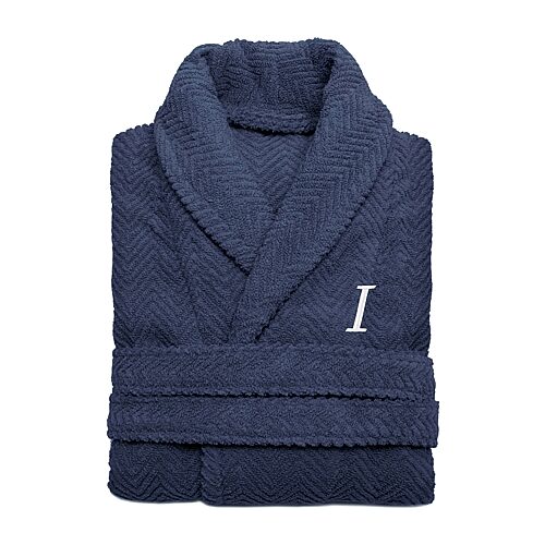 Linum Home Textiles Personalized Herringbone Weave Bathrobe Unisex Adult Long Length Long Sleeve Robe, Small-medium, Blue