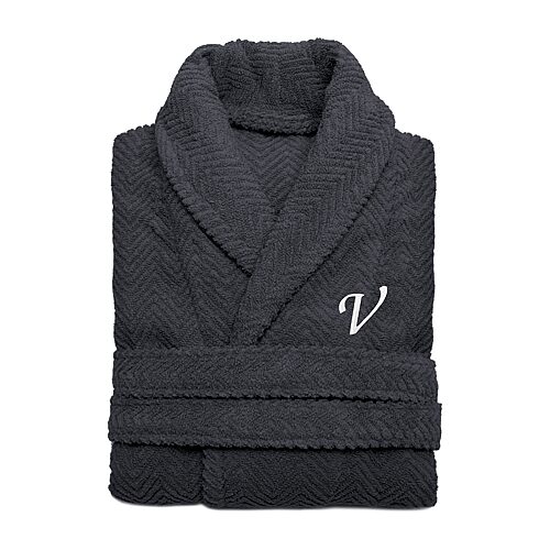 Linum Home Textiles Personalized Herringbone Weave Bathrobe Unisex Adult Long Length Long Sleeve Robe, Large-x-large, Gray