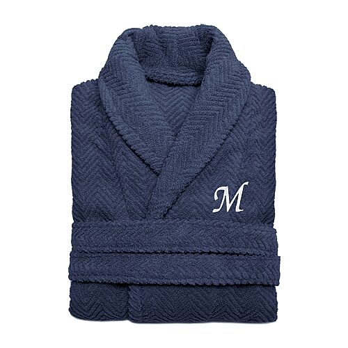 Linum Home Textiles Personalized Herringbone Weave Bathrobe Unisex Adult Long Length Long Sleeve Robe, Large-x-large, Blue