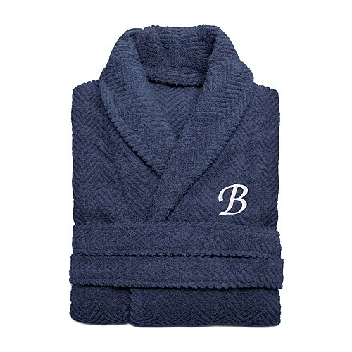 Linum Home Textiles Personalized Herringbone Weave Bathrobe Unisex Adult Long Length Long Sleeve Robe, Large-x-large, Blue