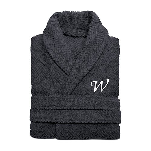 Linum Home Textiles Personalized Herringbone Weave Bathrobe Unisex Adult Long Length Long Sleeve Robe, Small-medium, Gray