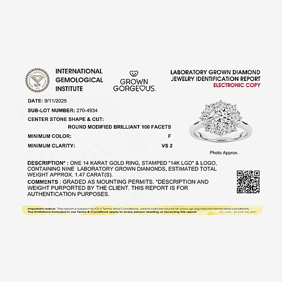 Grown Gorgeous (F, Vs2) Womens 1 1/2 CT. T.W. Lab Grown White Diamond 14K Gold Round Halo Cocktail Ring