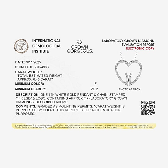 Grown Gorgeous (F, Vs2) Womens 1/2 CT. T.W. Lab Grown White Diamond 14K Gold Heart 18 Inch Pendant Necklace
