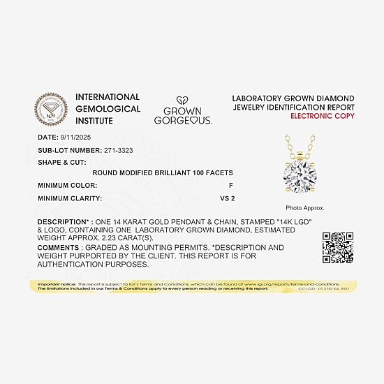 Grown Gorgeous (F, Vs2) Womens 2 1/4 CT. T.W. Lab-Grown Diamond 14K Gold or Platinum Round 18 Inch Pendant Necklace