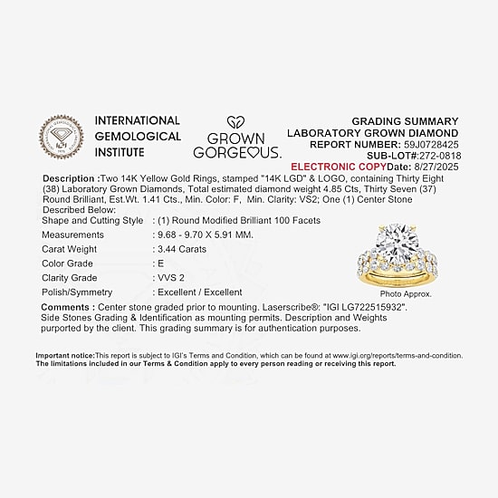 Grown Gorgeous (F, Vs2) Womens 4 3/4 CT. T.W. Lab Grown White Diamond 14K Gold or Platinum Round Side Stone Bridal Set