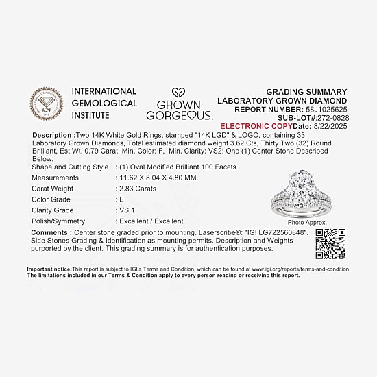 Grown Gorgeous (F, Vs2) Womens 3 5/8 Ct. T.W. Lab Grown White Diamond 14K Gold or Platinum Oval Side Stone Bridal Set