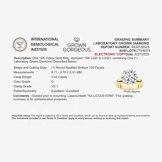 Grown Gorgeous (F,Vs2) Womens 3 3/8 Ct. Lab Grown White Diamond 14K Gold or Platinum Round Solitaire Engagement Ring