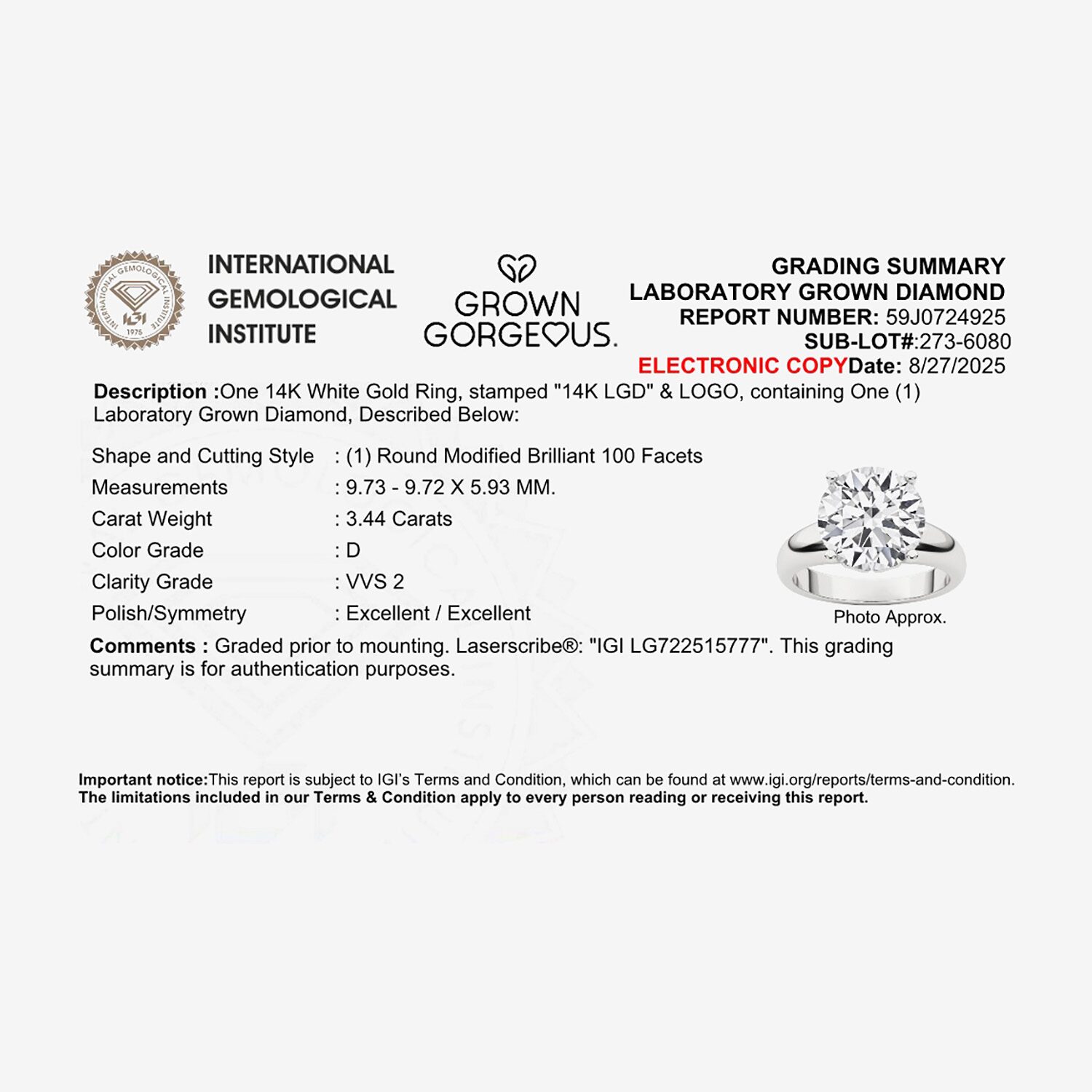 Grown Gorgeous (F,Vs2) Womens 3 3/8 Ct. Lab White Diamond 14K Gold or Platinum Round Solitaire Engagement Ring