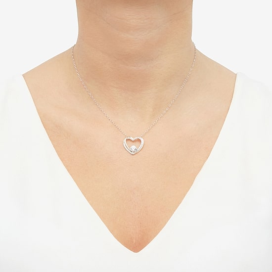 Womens Lab Created White Cubic Zirconia Sterling Silver Heart 18 Inch Pendant Necklace