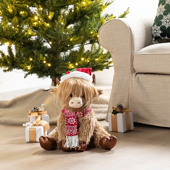 Glitzhome 16"L Christmas Fabric Highland Cow Christmas Figurine