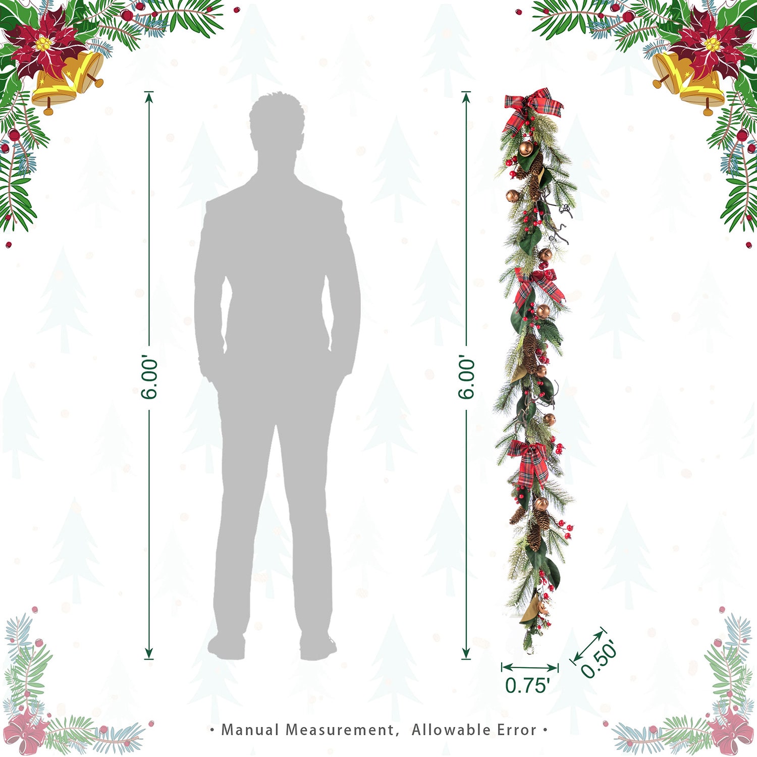 Glitzhome 6ft Christmas Bell, Pinecone & Berry Bow Garland Floral Arrangement