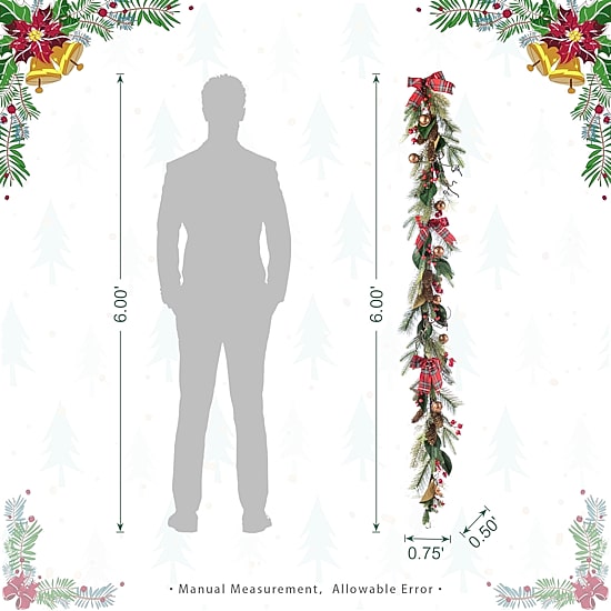 Glitzhome 6ft Christmas Bell, Pinecone & Berry Bow Garland Floral Arrangement