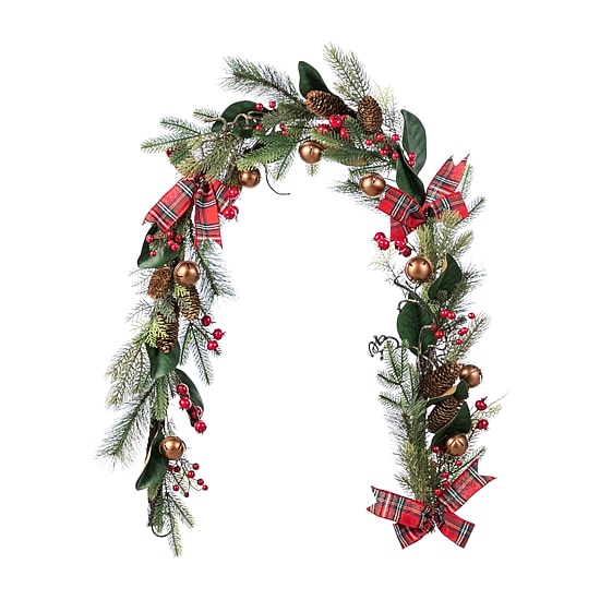 Glitzhome 6ft Christmas Bell, Pinecone & Berry Bow Garland Floral Arrangement