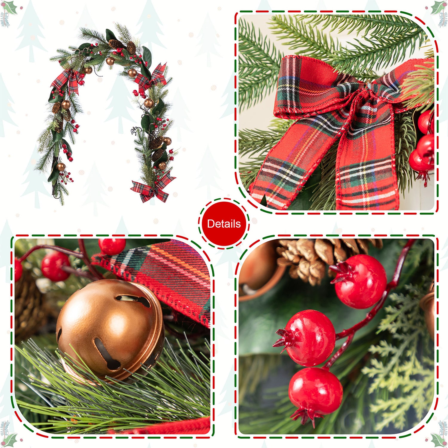 Glitzhome 6ft Christmas Bell, Pinecone & Berry Bow Garland Floral Arrangement