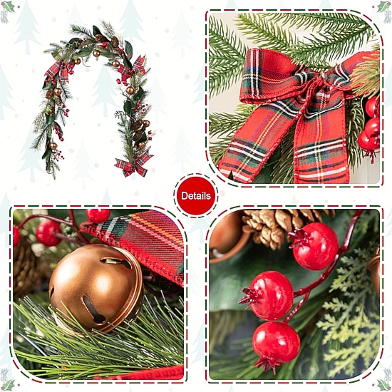 Glitzhome 6ft Christmas Bell, Pinecone & Berry Bow Garland Floral Arrangement