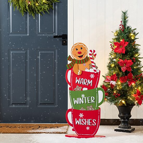 Glitzhome 35"H Wooden Christmas Gingerbread Man On Coffee Cup Christmas Porch Sign