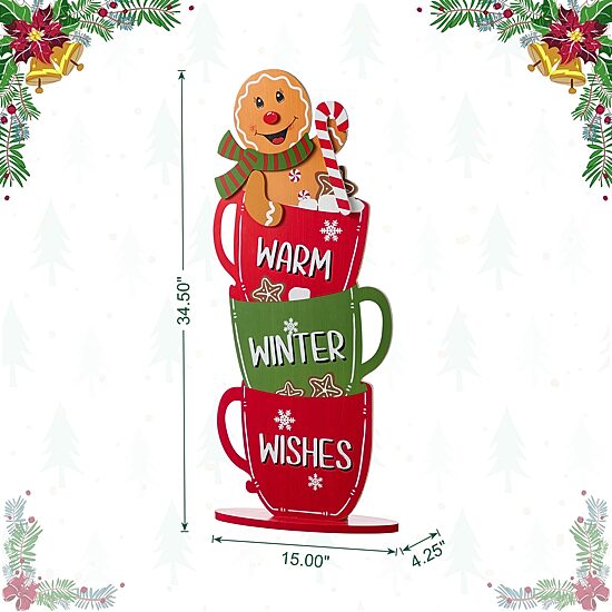 Glitzhome 35"H Wooden Christmas Gingerbread Man On Coffee Cup Christmas Porch Sign