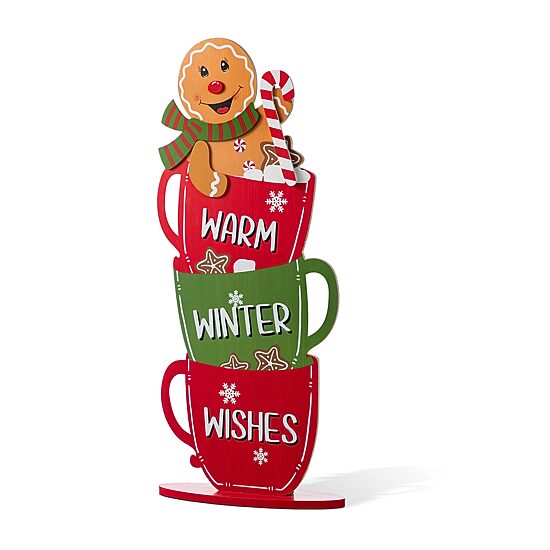 Glitzhome 35"H Wooden Christmas Gingerbread Man On Coffee Cup Christmas Porch Sign