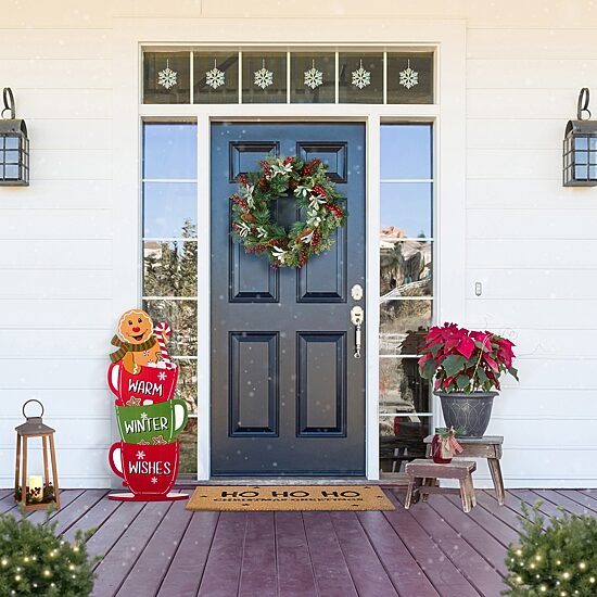 Glitzhome 35"H Wooden Christmas Gingerbread Man On Coffee Cup Christmas Porch Sign