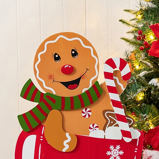 Glitzhome 35"H Wooden Christmas Gingerbread Man On Coffee Cup Christmas Porch Sign