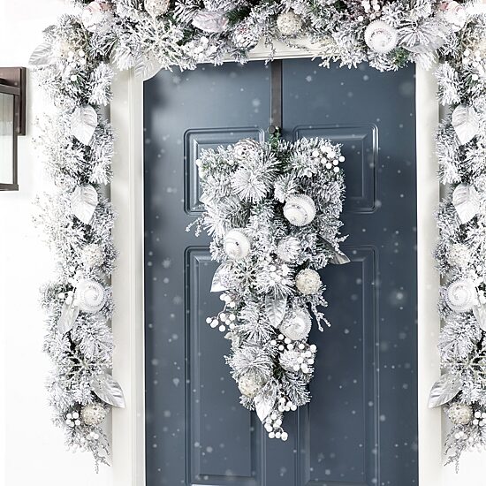 Glitzhome 30"H Christmas Silver & White Ornament And Berry Teardrop Floral Arrangement
