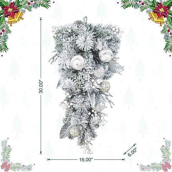 Glitzhome 30"H Christmas Silver & White Ornament And Berry Teardrop Floral Arrangement